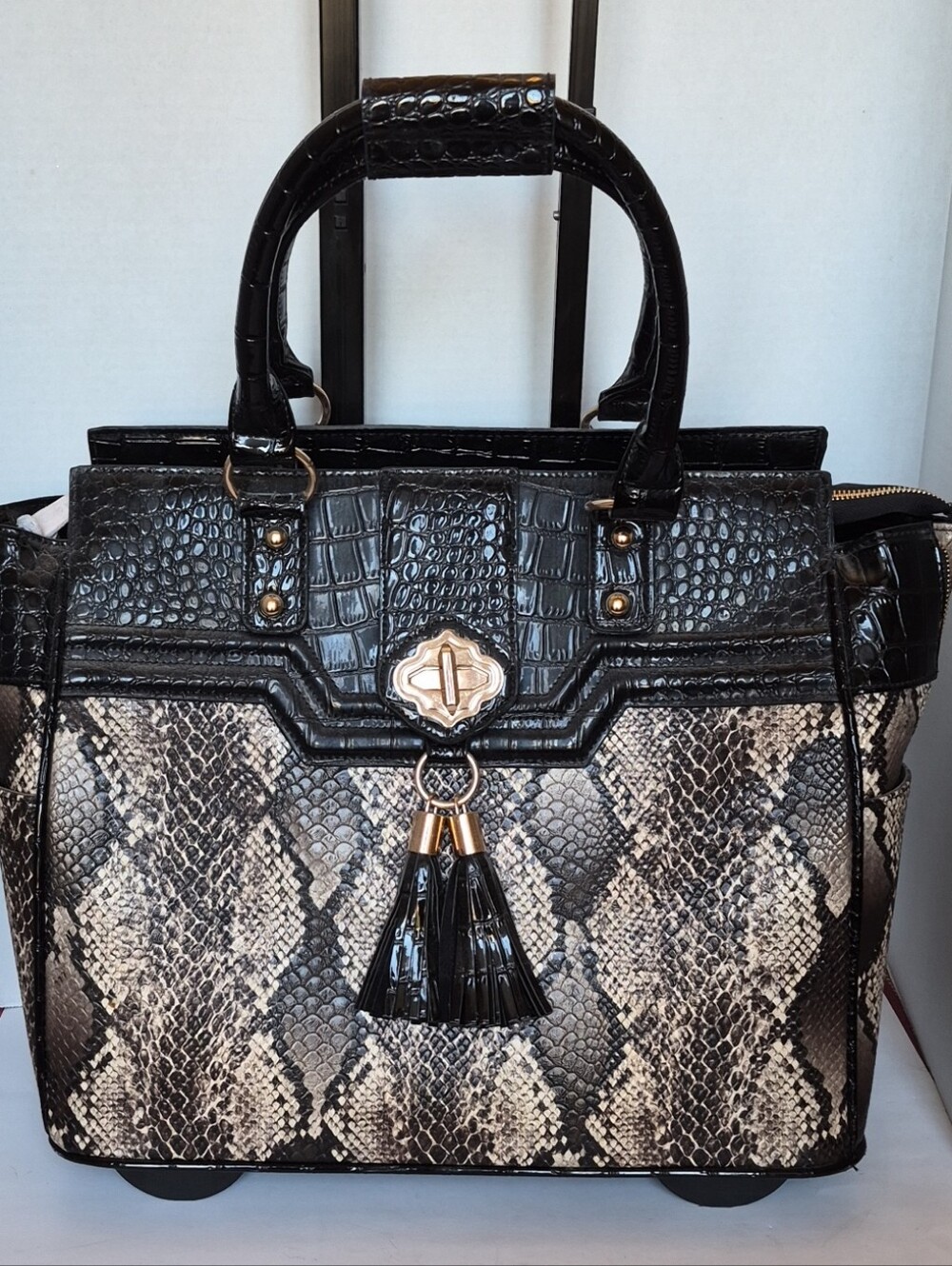 Black & Cream Snake-Print Rolling Lap Top  Tote with Tassel Detail